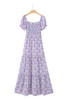 Purple Floral Short Bubble Sleeve Shirred High Waist Maxi Dress