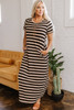 Black Stripe Casual Round Neck T-shirt Maxi Dress with Pockets