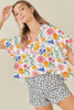 Yellow Floral Boxy Fit Ruffled Short Sleeve V Neck Blouse