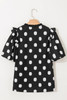 Black Polka Dot Print Shirred Yoke Notched Neck Balloon Sleeve Blouse