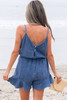 Ashleigh Blue Spaghetti Straps V Neck Belted Ruffled Leg Chambray Romper