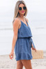 Ashleigh Blue Spaghetti Straps V Neck Belted Ruffled Leg Chambray Romper