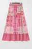Red Boho Pattern Print Tassel Drawstring High Waist Maxi Dress