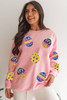 Pink Easter Egg Patched Graphic Drop Shoulder Pullover Sweatshirt