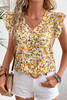 Green Floral Print Ruffled Sleeveless V Neck Tank Top