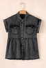 Black Short Sleeve Flap Pocket Button Up Raw Hem Denim Shirt