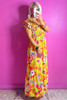 Yellow Cheetah Plant Print Shirred Button V Neck Maxi Dress