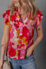 Red Abstract Print Split V Neck Ruffle Short Sleeve Blouse