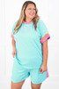 Light Blue Plus Size Color Block Corded Knit Tee and Shorts Set