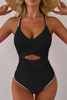Black Ric Rac Trim Contrasted Patchwork Cutout One Piece Swimsuit