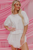 White Contrast Bow Trim Pearl Puff Sleeve Blouse and Skort 2pcs Set