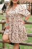 Beige Printed Surplice V Neck Cuffed Sleeve Empire Waist Plus Size Dress