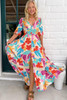 Rose Red Floral Knot Puff Sleeve V Neck Buttoned Front Split Lace Maxi Dress