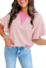 Sachet Pink Contrast Detail Striped Ruffle Short Sleeve Top