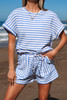 Sky Blue Stripe Knitted Short Sleeve Top and Drawstring Shorts Set