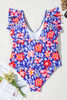 Blue Floral Print Ruffled V Neck High Waist One Piece Swimwear