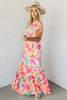 Pink Abstract Print Ruffled Sleeve Smocked Bust Maxi Dress
