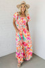 Pink Abstract Print Ruffled Sleeve Smocked Bust Maxi Dress