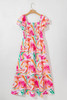 Pink Abstract Print Ruffled Sleeve Smocked Bust Maxi Dress