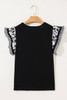 Black Ricrac Trim Printed Flutter Sleeve Contrast Patchwork Blouse Black Ricrac Trim Printed Flutter Sleeve Contrast Patchwork Blouse
