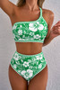 Green Floral Print One Shoulder High Waist Bikini Set