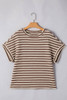 Brown Stripe Textured Side Slits Crew Neck T Shirt