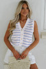 Sky Blue Stripe V Neck Gold Buttons Elegant Sweater Vest