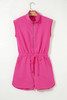Rose Red Textured Short Sleeve Half Zip Drawstring Waist Romper