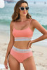 Peach Blossom Striped Patchwork Spaghetti Strap High Waist Bikini Swimsuit