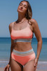 Peach Blossom Striped Patchwork Spaghetti Strap High Waist Bikini Swimsuit