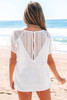 White Lace Crochet Textured Button Back V Neck T Shirt