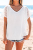 White Lace Crochet Textured Button Back V Neck T Shirt