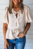 White Bow Tie Short Puff Sleeve Ruffle Hem Blouse