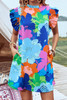 Blue Bold Floral Flutter Sleeve Shift Mini Dress with Pockets