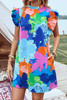 Blue Bold Floral Flutter Sleeve Shift Mini Dress with Pockets