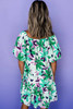 Green Floral Print Shirred Square Neck Loose Fit Mini Dress