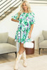 Green Floral Print Shirred Square Neck Loose Fit Mini Dress