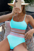 Turquoise Striped Patchwork Spaghetti Strap High Waist Bikini Swimsuit