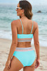 Turquoise Striped Patchwork Spaghetti Strap High Waist Bikini Swimsuit