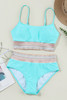 Turquoise Striped Patchwork Spaghetti Strap High Waist Bikini Swimsuit