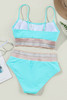 Turquoise Striped Patchwork Spaghetti Strap High Waist Bikini Swimsuit