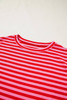 Red Stripe Ribbed Cap Sleeve Round Neck T Shirt