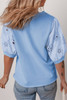 Beau Blue Eyelet Flower Embroidered Puff Short Sleeve Patchwork Crew Neck Blouse