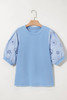 Beau Blue Eyelet Flower Embroidered Puff Short Sleeve Patchwork Crew Neck Blouse