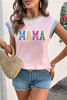 Pink Sequined MAMA Graphic Corded Rib Knit Colorblock T Shirt Pink Sequined MAMA Graphic Corded Rib Knit Colorblock T Shirt