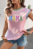Pink Sequined MAMA Graphic Corded Rib Knit Colorblock T Shirt Pink Sequined MAMA Graphic Corded Rib Knit Colorblock T Shirt
