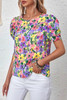 Purple Floral Print Puff Short Sleeve Crew Neck Blouse