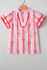 Pink Ric-rac Trim Ruffled Sleeve V Neck Bow Striped Printed Blouse Pink Ric-rac Trim Ruffled Sleeve V Neck Bow Striped Printed Blouse
