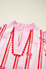 Pink Ric-rac Trim Ruffled Sleeve V Neck Bow Striped Printed Blouse Pink Ric-rac Trim Ruffled Sleeve V Neck Bow Striped Printed Blouse