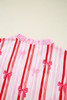 Pink Ric-rac Trim Ruffled Sleeve V Neck Bow Striped Printed Blouse Pink Ric-rac Trim Ruffled Sleeve V Neck Bow Striped Printed Blouse